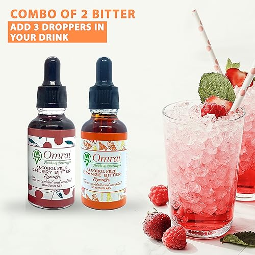 Image of Omrai Foods Orange+Cherry Combo Bitters for Cocktails & Mocktails, 30ml Non-Alcoholic Botanical Bitters | Natural Spice Flavor Enhancer Ideal for Old Fashioned, Negroni, Manhattan, Martini & Gin Tonic