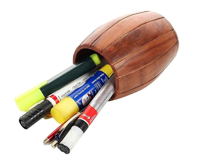 Image of Wooden Barrel Desk Organiser, Pen Holder, Brown, Vintage Style