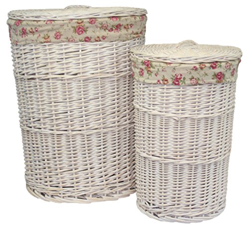 Red Hamper Round White Wash Laundry Baskets with a Garden Rose Lining, Wicker, 60 x 46 x 46 cm