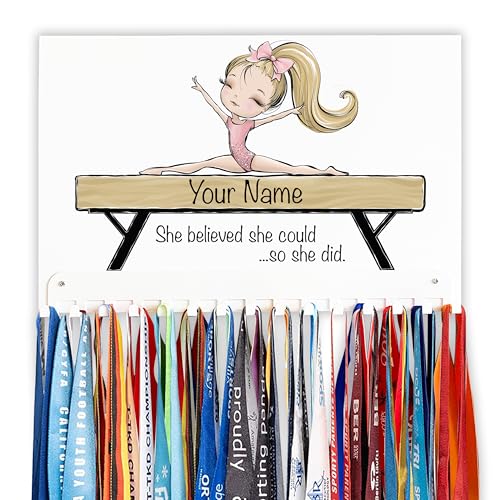 Custom Name Gymnastics Medal Holder with Adorable Illustrated Gymnast | 5 Character Options | Made In USA | Holds Up to 48 Medals (Blond)