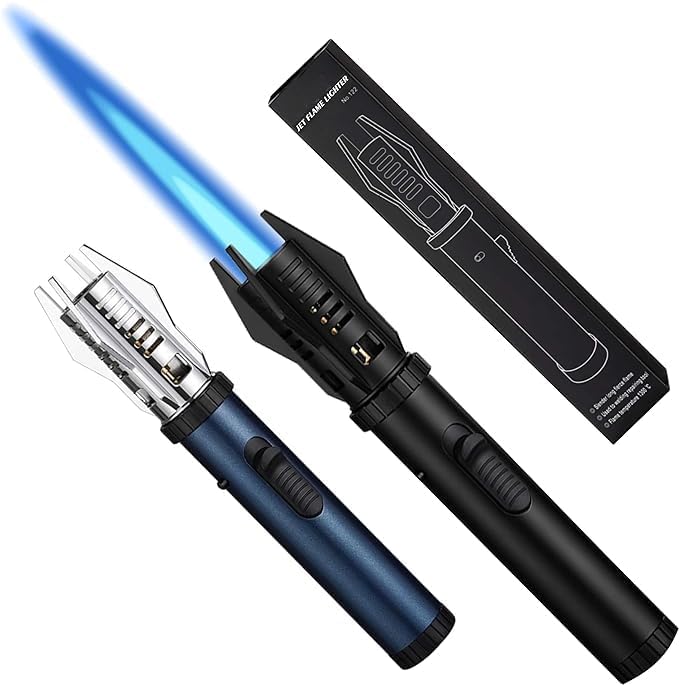 Jet Flame Butane Gas Lighter Refillable Windproof Safety Lock Adjustable Red/Blue Flame Cool Torch Lighters for Candles Campfires BBQ Baking Fireplace Camping Kitchen Metal Body (Multicolor)(1 Piece)-picture-42
