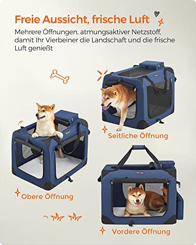 Feandrea Hundebox faltbar, Transportbox Hund, L, Hundetasche, Oxford-Gewebe, Netzstoff, atmungsaktiv tragbar transportabel, Metallrahmen, mit Griffen, Taschen, 70 x 52 x 52 cm, dunkelblau PDC70Z