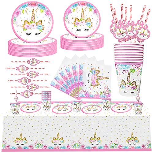 RUHM Juego de 81 platos de fiesta de unicornio, 16 invitados, juego de platos de unicornio,...