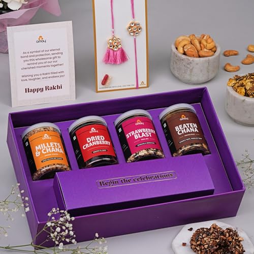 Image of Omay Foods Delicious Delicacies Rakhi Gift Hamper for Bhaiya Bhabhi | 8 Pcs | Roasted Snacks, Dry Fruits, Chocolate & Premium Kundan Couple Rakhi with Lumba | Rakhi Gift for Brother and Bhabhi