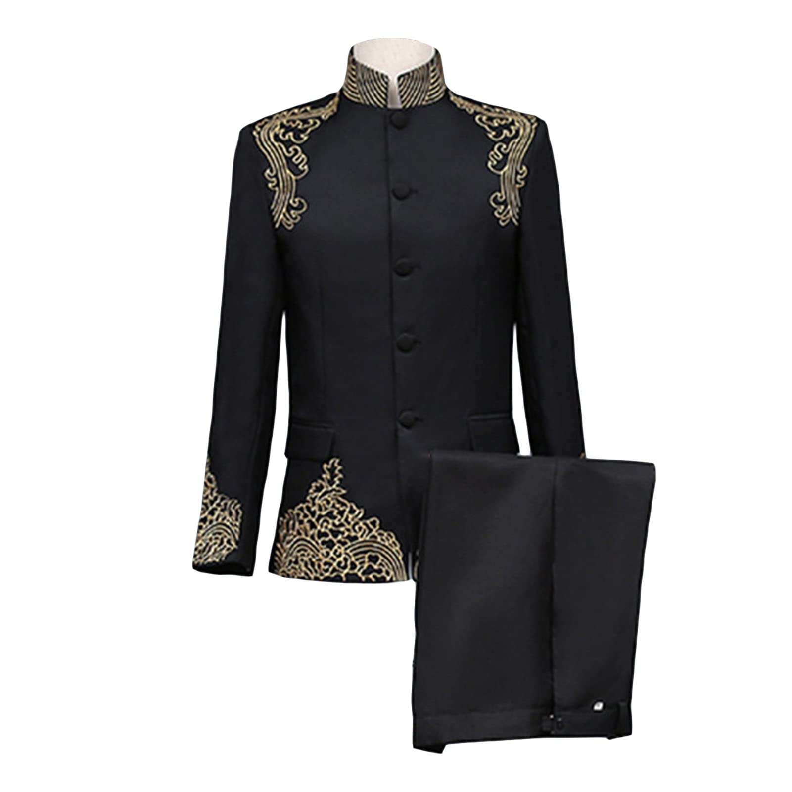 Men's Chinese Tunic Suit 2 Piece Vintage Mandarin Collar Blazer Pant Set Traditional Luxury Formal Suit Sets (Black,4X-Large)