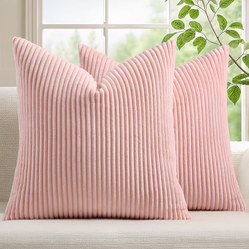 Mecatny Corduroy Decorative Throw Pillow Covers 16x16 Set of 2 for Sofa Living Room, Soft Neutral Boho Couch Pillow Covers for Home Decor, Pink