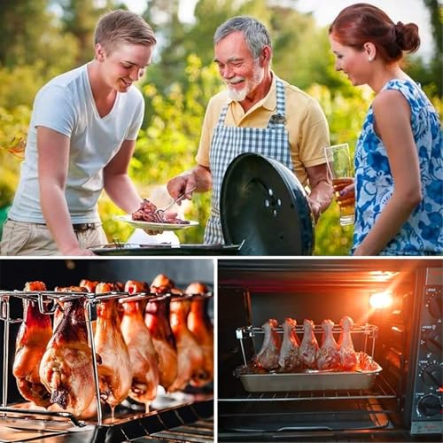 Hähnchenschenkel Halter für Backofen & Grill, Hähnchenkeulenhalter aus Edelstahl mit Platz für 14 Keulen, Grill Hähnchenschenkelhalter mit Auffangschale, Hähnchenkeulen Grill Ständer BBQ Rack