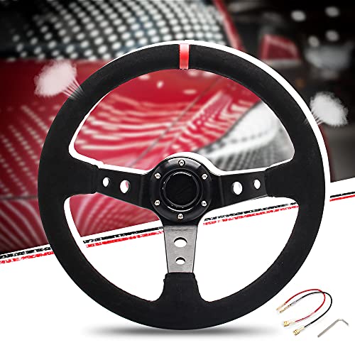 WENJTP 14" 350mm Deep Steering Wheel,Dish 6 Bolt with for Sport Racing Steering Suede Wheel Suede Horn Button US Included, Cable, Wrench? Napped Leather Red?