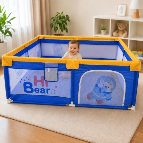 Image of Baby Playpen for Babies & Toddlers 0 to 5 Years Play Yard Foldable Kids Playpen with Safety Lock, Large Indoor & Outdoor Play Area mesh Play Setup (Blue, 120 * 120 cm)