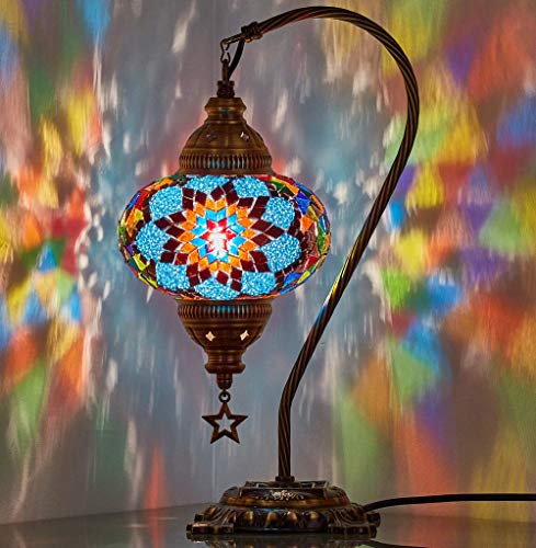 Demmex (33 Colors) Turkish Moroccan Mosaic Table Lamp With Us Plug & Socket, Swan Neck Handmade Desk Bedside Table Night Lamp, Decorative Tiffany Lamp Light #TOP1
