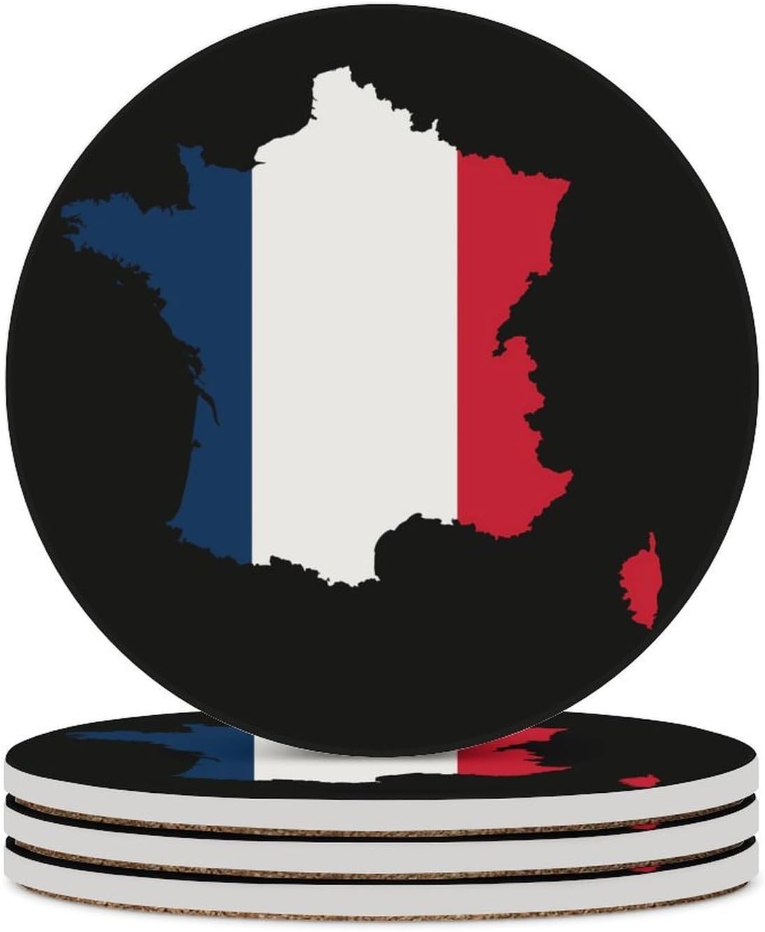 France Flag Map Round Ceramic Coasters for Drinks Absorbent Cup Holder Tabletop Protector with Cork Base