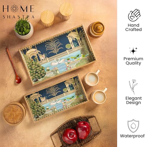 Image of Swan Wooden Serving Tray with Gold Engraving | Set of 2 | Size : 14 x 8 inch & 12 x 6 inch | Enamel Coated Waterproof | Rectangular | Swan Set of 2
