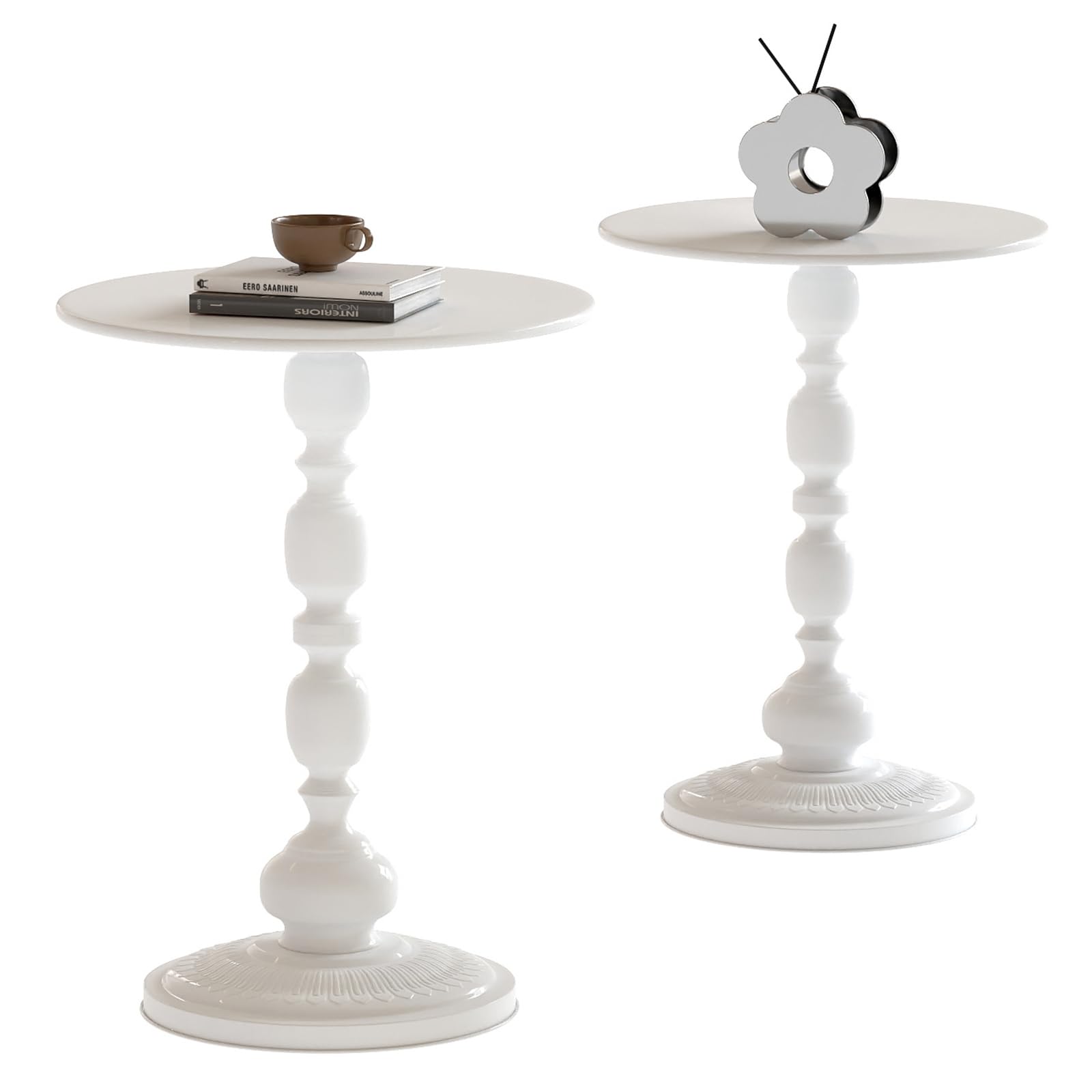 Set di 2 tavolini rotondi in metallo, colore bianco, tavolino piccolo per soggiorno, camera da letto, balcone, giardino, comodino, divano, 40 x 40 x 53 cm, 2 pezzi