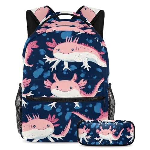 Sac d'école axolotl de grande capacité avec trousse filles garçons