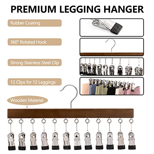 Cinpiuk Legging Organizer For Closet, Wooden Hangers With Clips Holds 12 Leggings/Yoga Pants/Jeans/Skirts, Hanging Pants Hangers W/Rubber Coated Clips Space Saving Closet Organizer, Walnut #TOP2