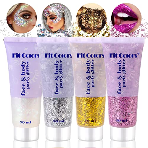 Body Glitter Gel, Vegena 4 Bottle Glitzer Gesicht, Chunky Glitter, Schminke...