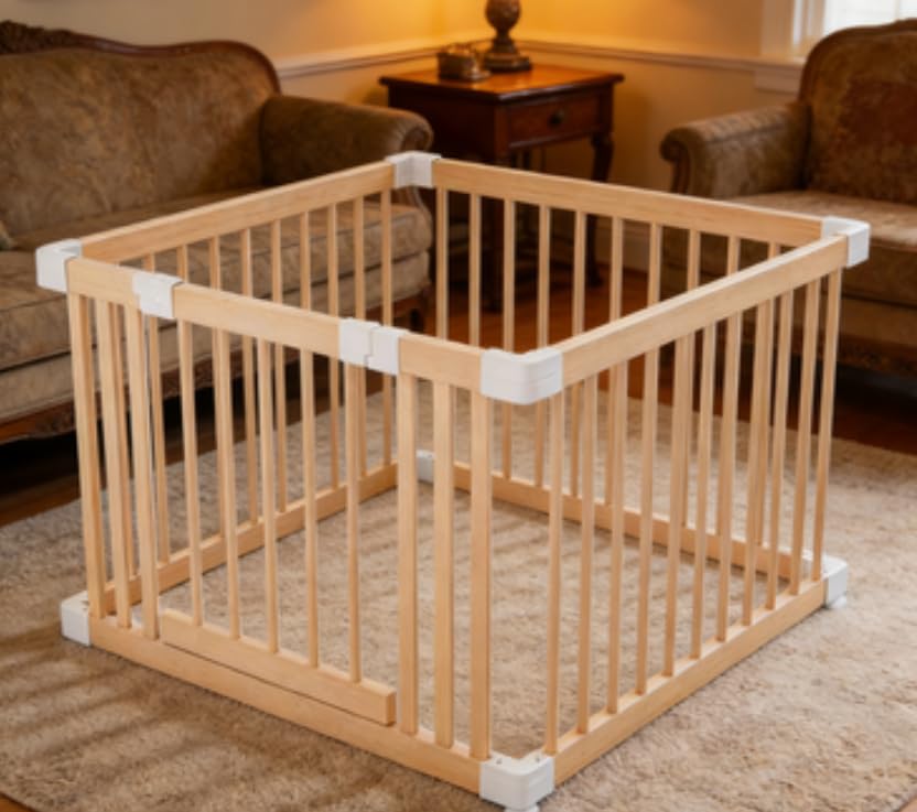 Baby Playpen, Wooden Playpen for Babies and Toddlers,Large Adjustable Wooden Baby Playard with Locking Gate, Easy to Assemble, Portable Play Pen (29.60x24.25Inch)