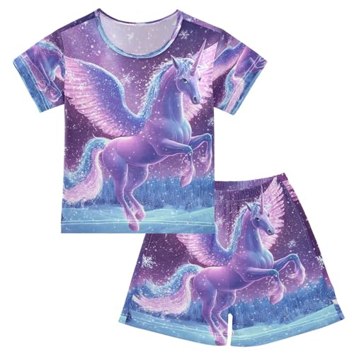 ALAZA Unicorn Wing Snowflake Pajamas Set Short Sleeve Cotton Sleepwear Summer Pjs 2 Piece 5-14Y