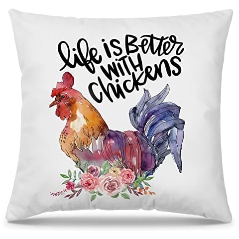 Mingnei Life is Better with Chickens Chicken Throw Pillow Covers Couch Home Cushion Cover, Funny Farm Farmhouse Chicken Sofa Living Room Bed Decorative Pillow Cases 18 x 18 Pillowcase Cover