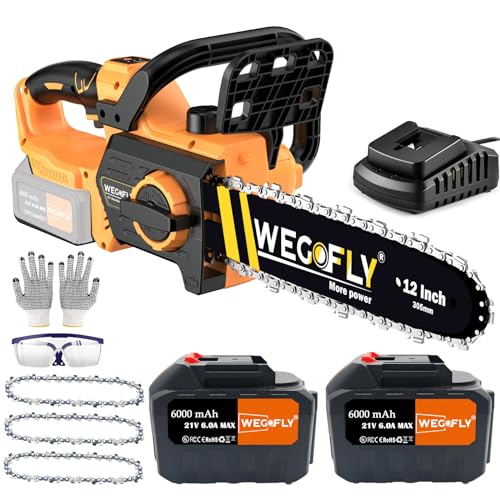 WeGofly 12-Inch Electric chainsaw Kit, (2 x 21V 6.0Ah Battery and Charger) Cordless Chainsaw with with Tool-free Chain Tension & Auto Lubrication, for Wood Cutting Trimming Courtyard Garden