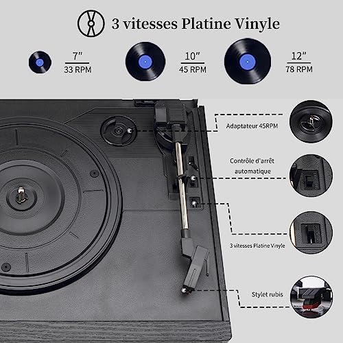 JORLAI Tourne Disque 3 Vitesses avec télécommande, Phonographe Vinyle Bluetooth avec Haut-parleurs intégrés CD/Cassette Radio AM/FM USB/SD/MMC 3.5mm Aux-in/RCA-Out, Noir - Les Beatles, Paul McCartney, John Lennon, RIngo Starr, George Harrison JORLAI Tourne Disque 3 Vitesses avec télécommande, Phonographe Vinyle Bluetooth avec Haut-parleurs intégrés CD/Cassette Radio AM/FM USB/SD/MMC 3.5mm Aux-in/RCA-Out, Noir – Image 4