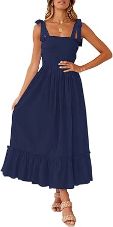 ZESICA Women's 2023 Summer Boho Spaghetti Strap Square Neck Solid Color Ruffle A Line Beach Long Maxi Dress