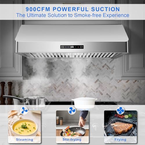 Image of Under Cabinet Range Hood 30 inch, Kitchen Hood 900 CFM Stainless Steel with Gesture & Remote Control, 3-Speed Fan, Time Setting, Dishwasher Safe Baffle Filters, Range Hoods Ductless Convertible Duct