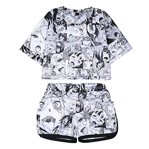 Women's Ahegao Face Print 2 Piece Outfits Crop Top and Shorts Pajamas Set XS-2XL (S) Gray