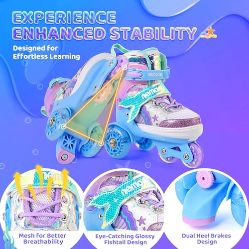 Image of NEMONE Mermaid 4 Size Adjustable Light up Roller Skates for Girls, Blue Purple Skates for Toddlers, Beginner Kids Roller Skates Indoor Outdoor (Blue XS)