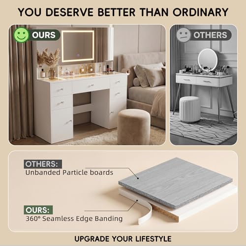 Image of YESHOMY Makeup Table with Power Outlet and Hair Dryer Holder, 3 Folden Mirror with Hidden Storage Shelves, 3 Drawers and 2 Storage Cabinet, for Bedroom, White