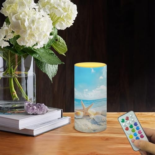 Image of Poceacles Beach Starfish Seashell Blue Sky LED Flameless Candles Battery Operated Candles with Remote Control Timer Flickering Wick Pillar Candles for Coastal Home Bathroom Outdoor Decor