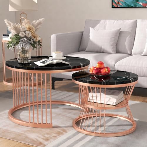 Image of Brown Art SHOPPEE Round Coffee Table Home Decor Furniture Coffee Table Sets,2 Piece MDF Top,Stacking Nesting Table with Iron Frame for Living Room Living Room or Lounge (Rosegold Black)