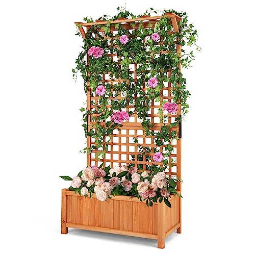 COSTWAY Blumenkasten mit Spalier & Dach, Pflanzkasten Tannenholz, Hochbeet mit Rankgitter & Drainagelöchern, Gartenspalier für Kletterpflanzen, Rankkasten Rankhilfe Garten Terrasse, 90x44,5x183,5cm
