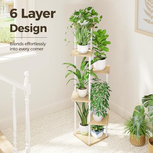 Image of Bamworld White Plant Stand Indoor Tall Metal Wood Plant Shelf