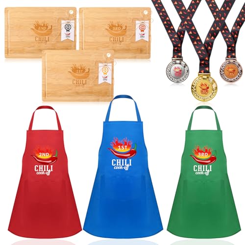 Acellegic 9 Pcs Chili Cook off Trophies Prizes Set 1st 2nd 3rd Chili Festival Cook out Party Supplies 3 Medals 3 Aprons 3 Wooden Cutting Boards with Card for Men Women Award Decorations