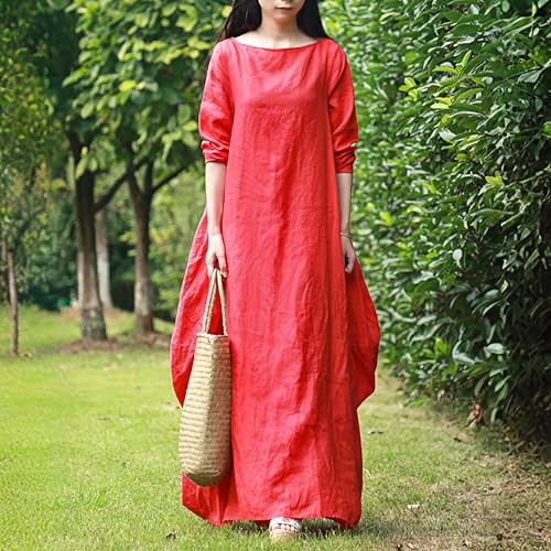 Image of Women's 2025 Spring 100% Linen Long Dress with Long Sleeve Maxi Dress Casual Loose Fitin Solid Color Pockets
