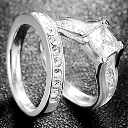 Stainless Steel Princess Cut Wedding Engagement Anniversary Statement Bridal Halo Ring Set3
