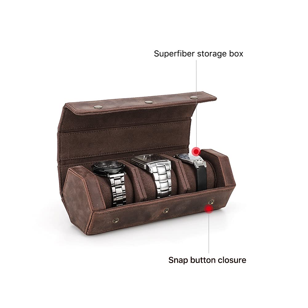 Étui De Voyage Hexagonal Hiram Pour 3 Montres - Cuir Véritable - Rangement Luxueux Et Sécurisé