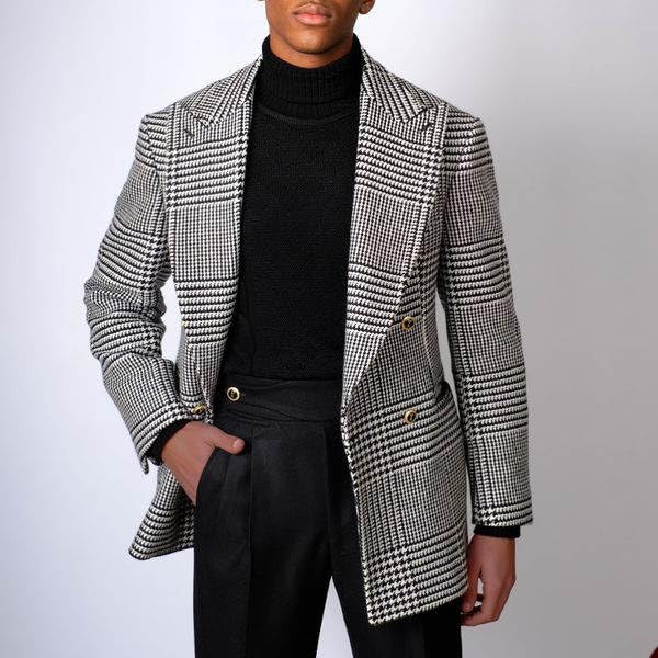 Men Houndstooth Blazer Peaked Lapel Double Breasted One Button Slim Fit 2 Flap Pockets2