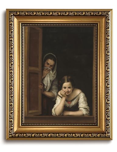LHHJDIO Vintage Gold Framed Wall Art Vintage Woman Portrait Canvas Wall Art Classic European Scene Pictures Wall Decor Antique Two Women at Window Art Prints for Living Room Study Gallery 8"x10"