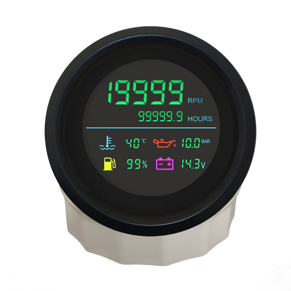 ELING Tacómetro digital de 85 mm, 0-19999 RPM horas de temperatura del agua, nivel de combustible de presión de aceite, voltios para coche, camión, moto, 12 V/24 V (negro y níquel)