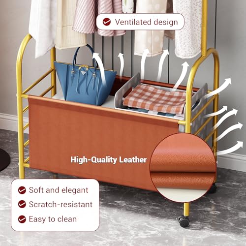 Image of Lukzer | MGR-009 | Gold | Metal Clothes Rail Stand with 360 Rotating Wheels, 4 Side Hooks & 1-Tier Leather Storage Bin - Garment Rack Organizer for Bedroom, Closet, Dorm, Laundry | 171 x 75 x 35 cm