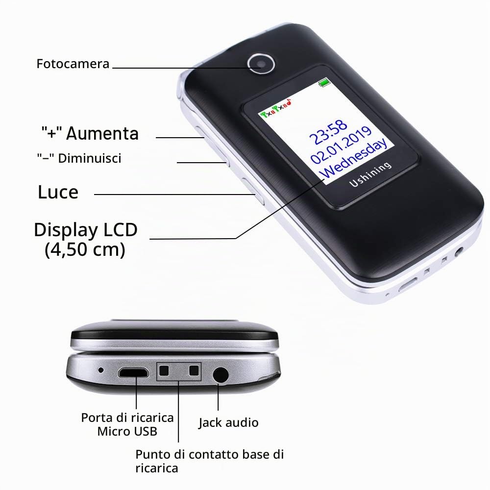Cellulare per Anziani con Tasti Grandi, Ukuu 3G Telefono per Anziani 2,8" + 1,77" Schermo Dual SIM Cellulare Anziani a Conchiglia Volume Alto,Facile da usare con Base di Ricarica - Nero