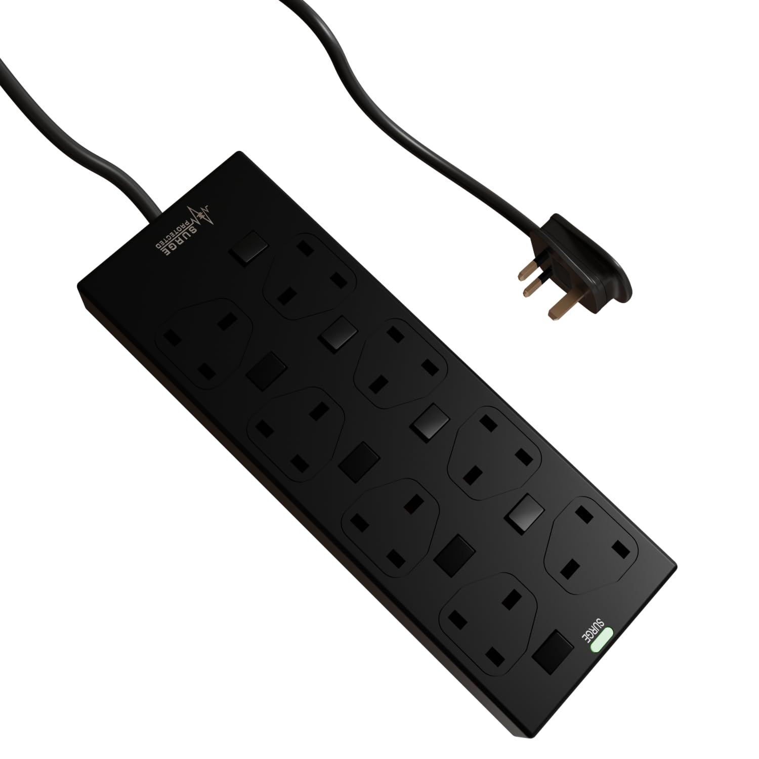 rhinocables 8 Gang Individually Switched Mains Extension Lead Cable, Surge Protected Power Strip Extender with 8 Sockets and Cord, 13 Amp Trailing Socket for Dual 3 Pin UK Plug (Black, 5m)