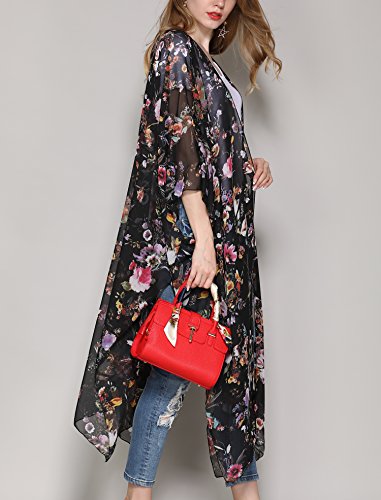 Hibluco Women's Long Floral Kimono Printed Cardigan Sheer Swimsuit Cover Ups2