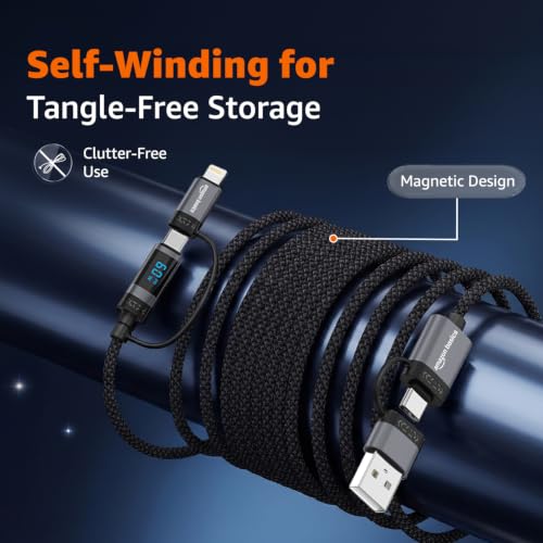 Image of amazon basics 100W Magnetic Charging Cable with LED Indicator, Self-winding, 480Mbps, 4 Ports (2 Type-C, Type-A, Apple Connector), 1.3M Length, For Laptops, Tablets, & High-power Devices (Black)
