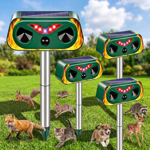 Image of 4-Pack Solar Powered Ultrasonic Animal Repeller Outdoor | Waterproof Deer Cat Dog Squirrel Raccoon Rabbit Deterrent with Motion Sensor & Flashing Light for Yard Garden Lawn Farm