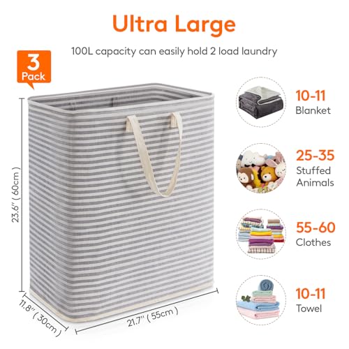 Image of Lifewit 3 Pack Laundry Basket 100L Each, Collapsible Clothes Hamper with Reinforced Handles, Freestanding Waterproof Design for Bedroom and Laundry Room, Grey 300L Total