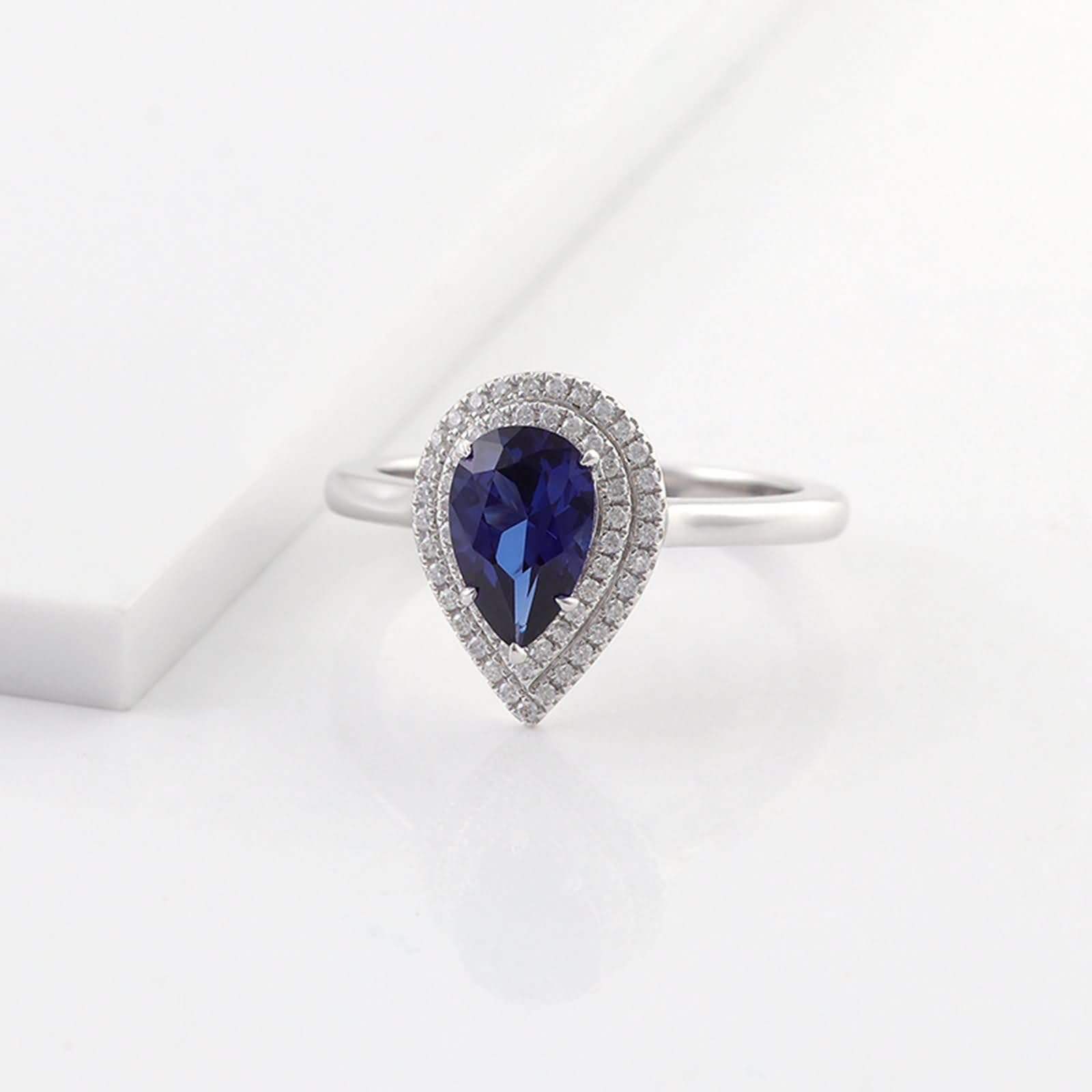 Daesar Anillo de Promesa de Mujer con Gota de Agua con Zafiro Creado de 3ct y Moissanita, Oro Blanco 9K/14K/18K, Anillo para Boda Plata Azul