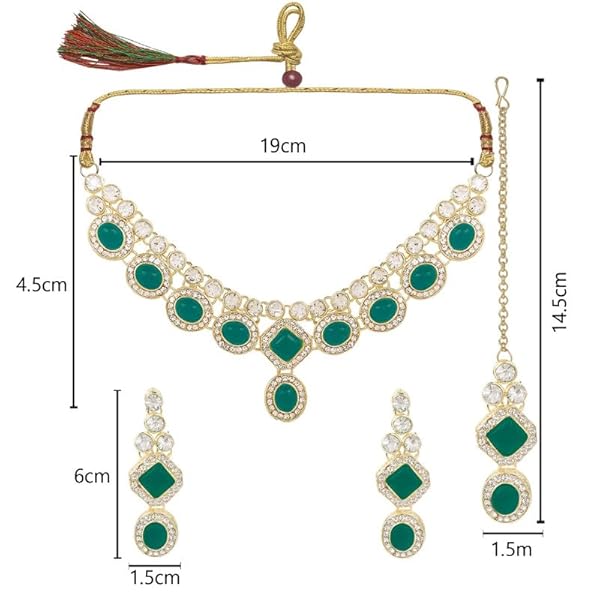 TANAIRA Green Color Stones Choker Necklace Earrings Maangtika Set For Women & Girls/Gold Color crystal Bridal Jewellery Set for Wedding |Birthday Gift for girls and women Anniversary Gift for Wife - Image 3